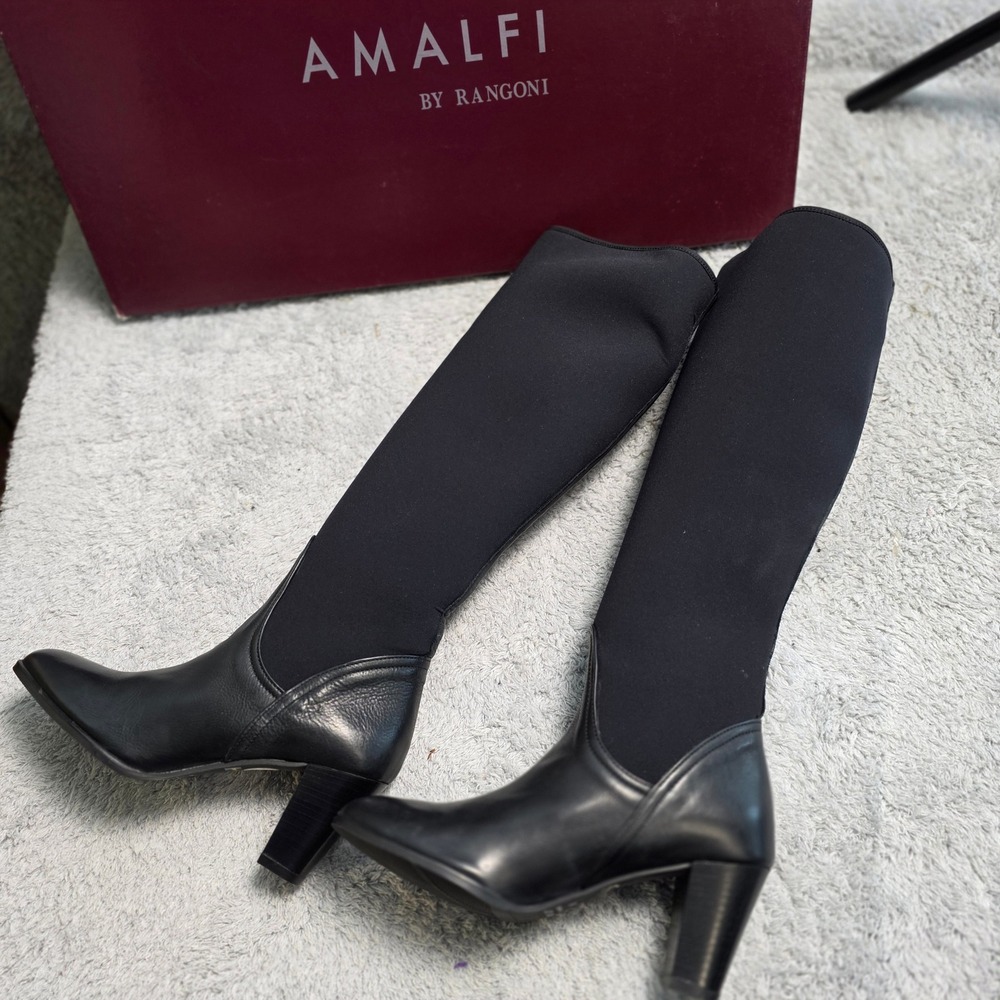 Amalfi Rangoni Black Italian‎ Leather Stretch Calf Knee High Heel Boots 5M NEW✨